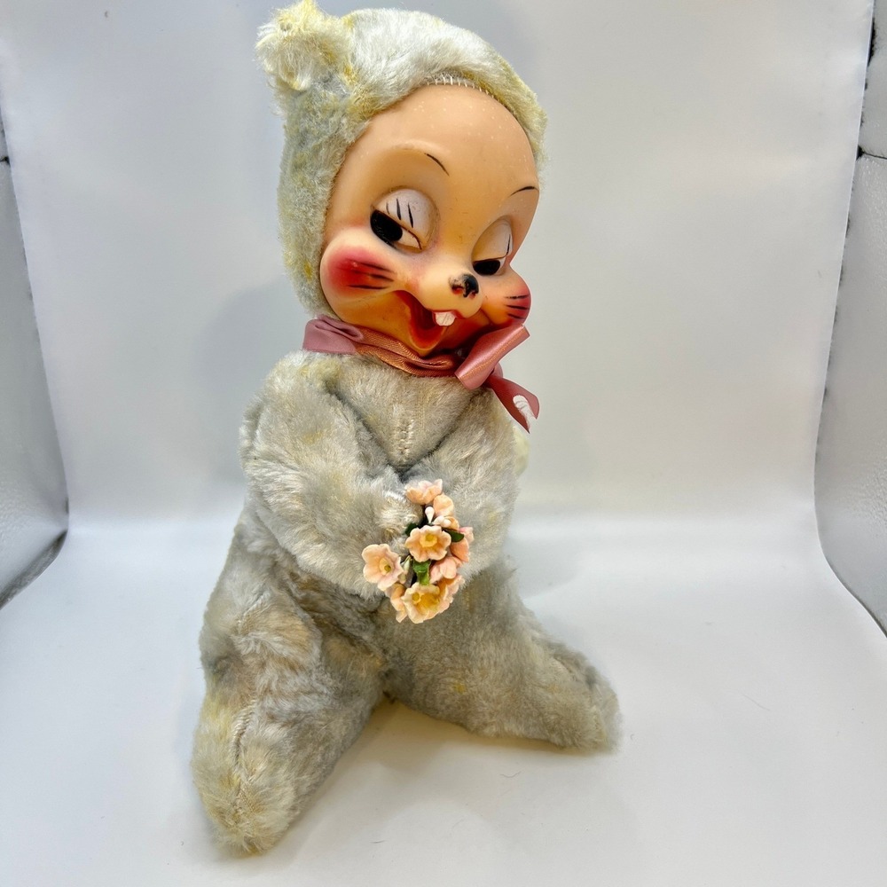 Vintage 1950s Stuffed Plastic Face Gray Squirrel, Rushton Co Atlanta GA Pink Bow